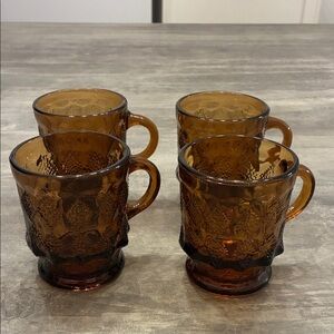 Vintage Fire King Kimberly Amber Textured Glass Mugs - Set of 4